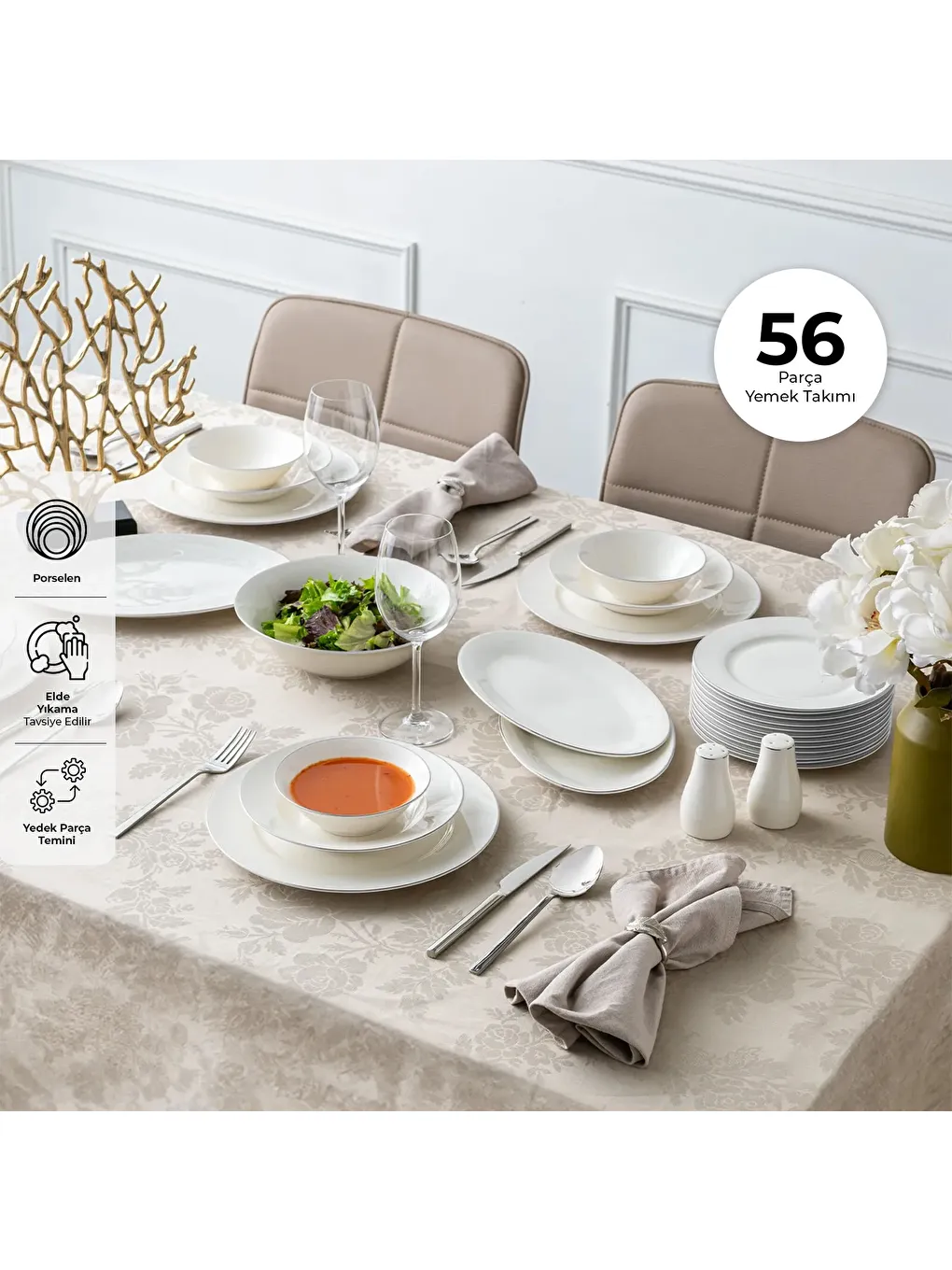 Beyaz New Bone Frezya 56 Parça 12 Kişilik Yuvarlak Yemek Takımı Platin-4
