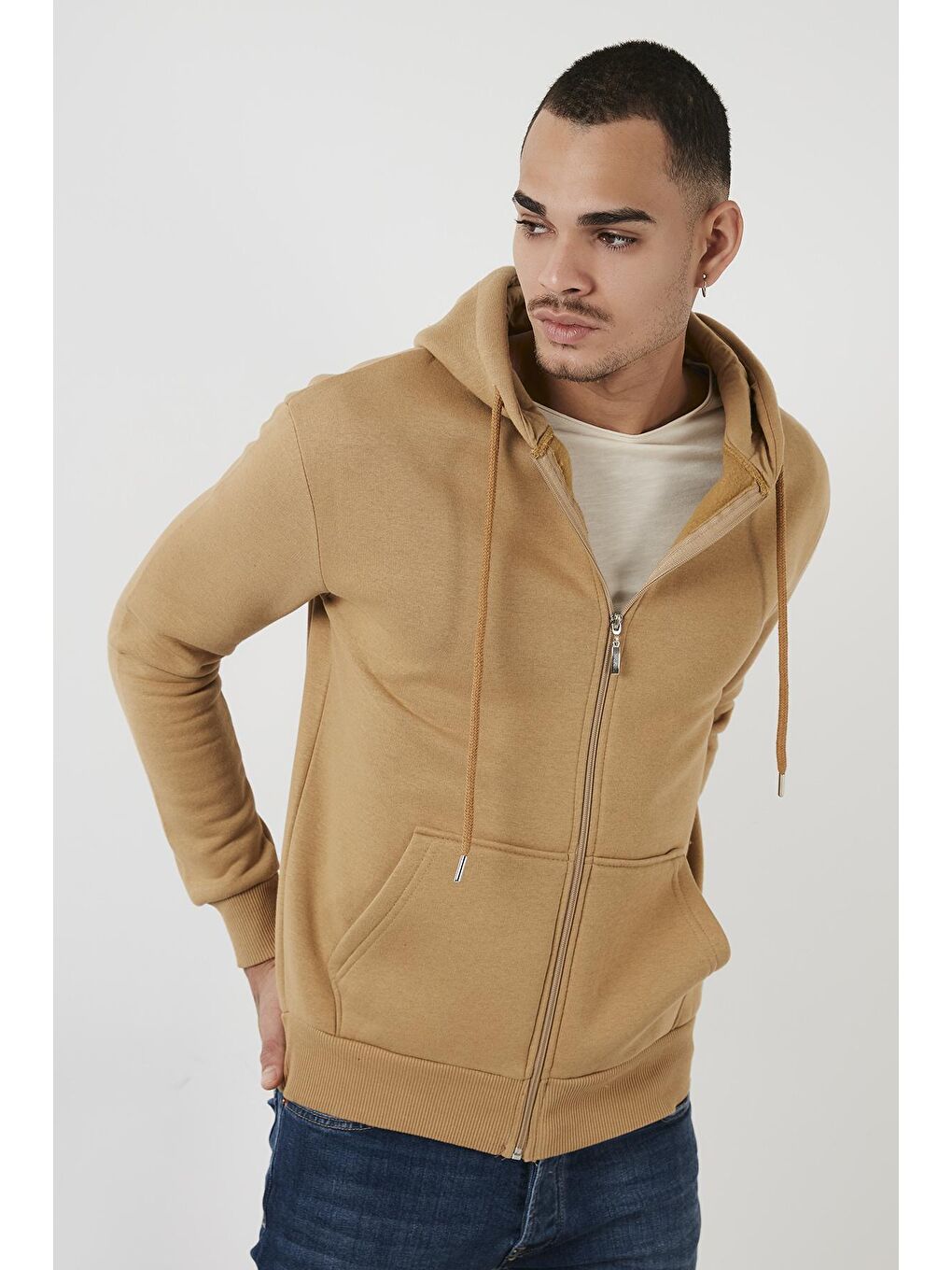 Kahverengi Pamuklu Cepli Kapüşonlu Şardonlu Slim Fit Kışlık Sweat 5827001