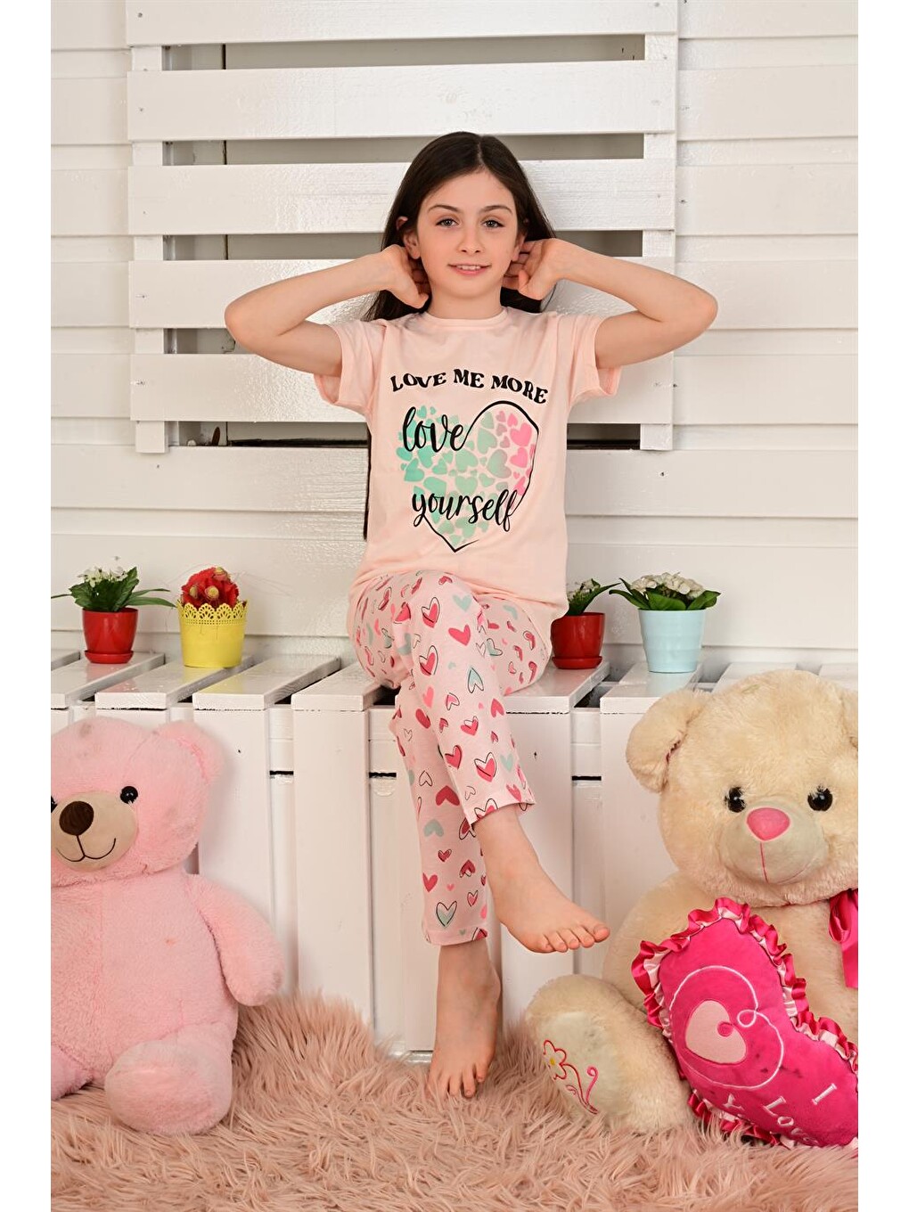 Pembe Kısa Kollu Kız Çocuk Pijama Takımı Love Me More Somon-2