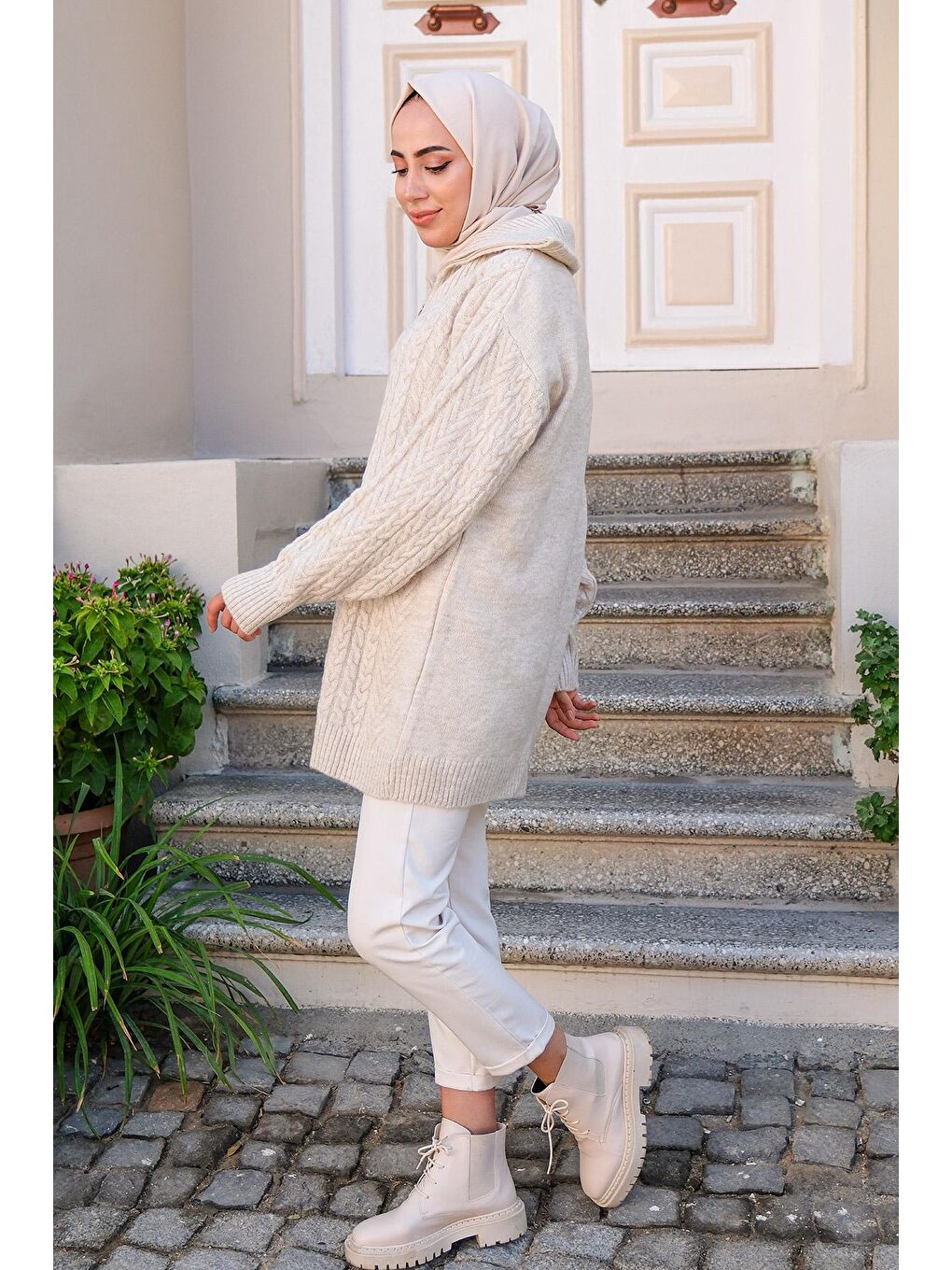 Ekru Kadın Fermuarlı Triko Kazak Krem-4