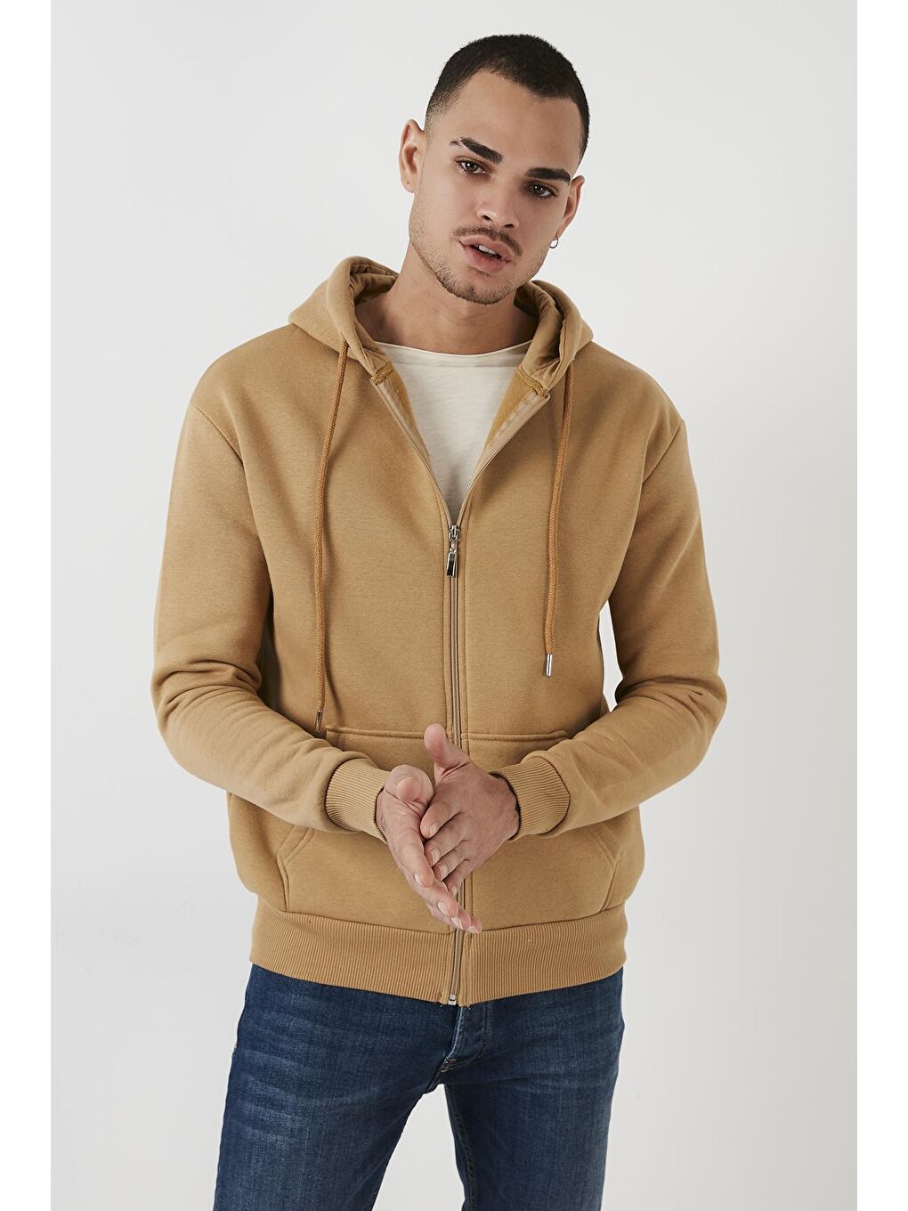 Kahverengi Pamuklu Cepli Kapüşonlu Şardonlu Slim Fit Kışlık Sweat 5827001-1