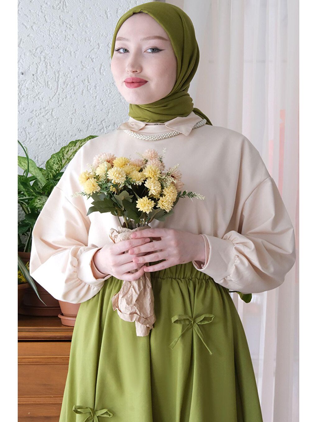 Ceylan Otantik Fıstık Yeşili Fiyonklu Etek - 4