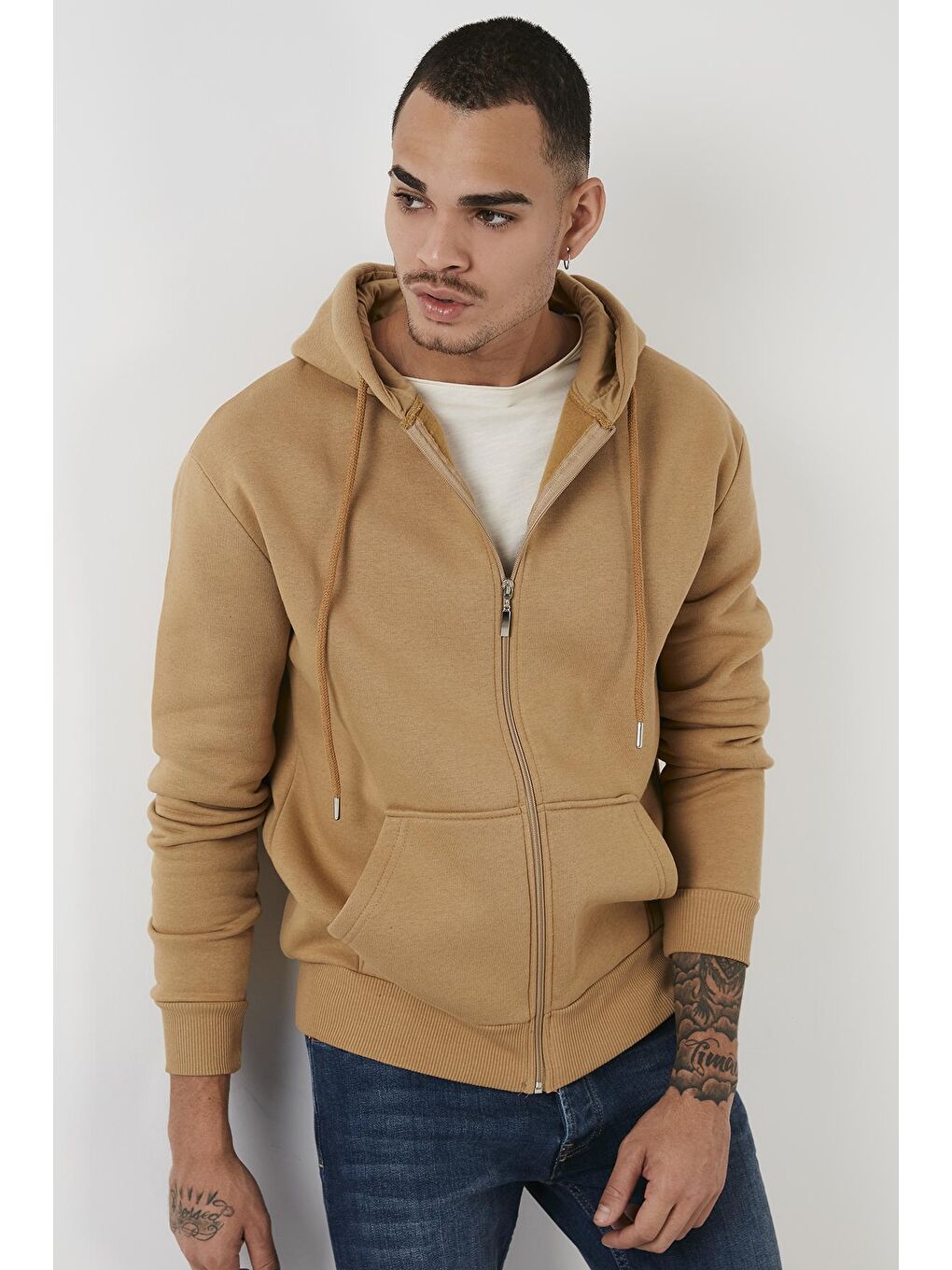 Kahverengi Pamuklu Cepli Kapüşonlu Şardonlu Slim Fit Kışlık Sweat 5827001-2