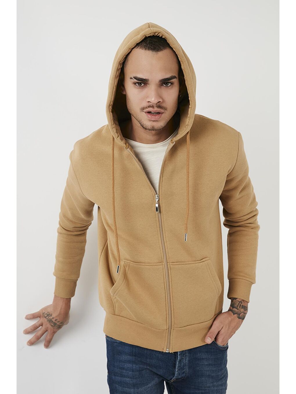 Kahverengi Pamuklu Cepli Kapüşonlu Şardonlu Slim Fit Kışlık Sweat 5827001-3