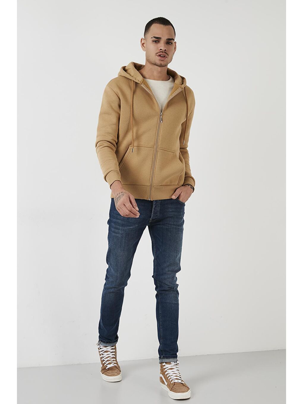 Kahverengi Pamuklu Cepli Kapüşonlu Şardonlu Slim Fit Kışlık Sweat 5827001-4