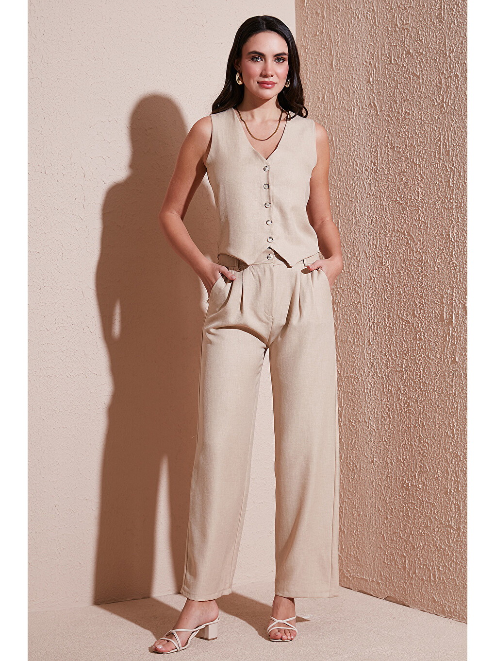 Bej Regular Fit Bol Paça Yelekli Takım 67045162s4-2