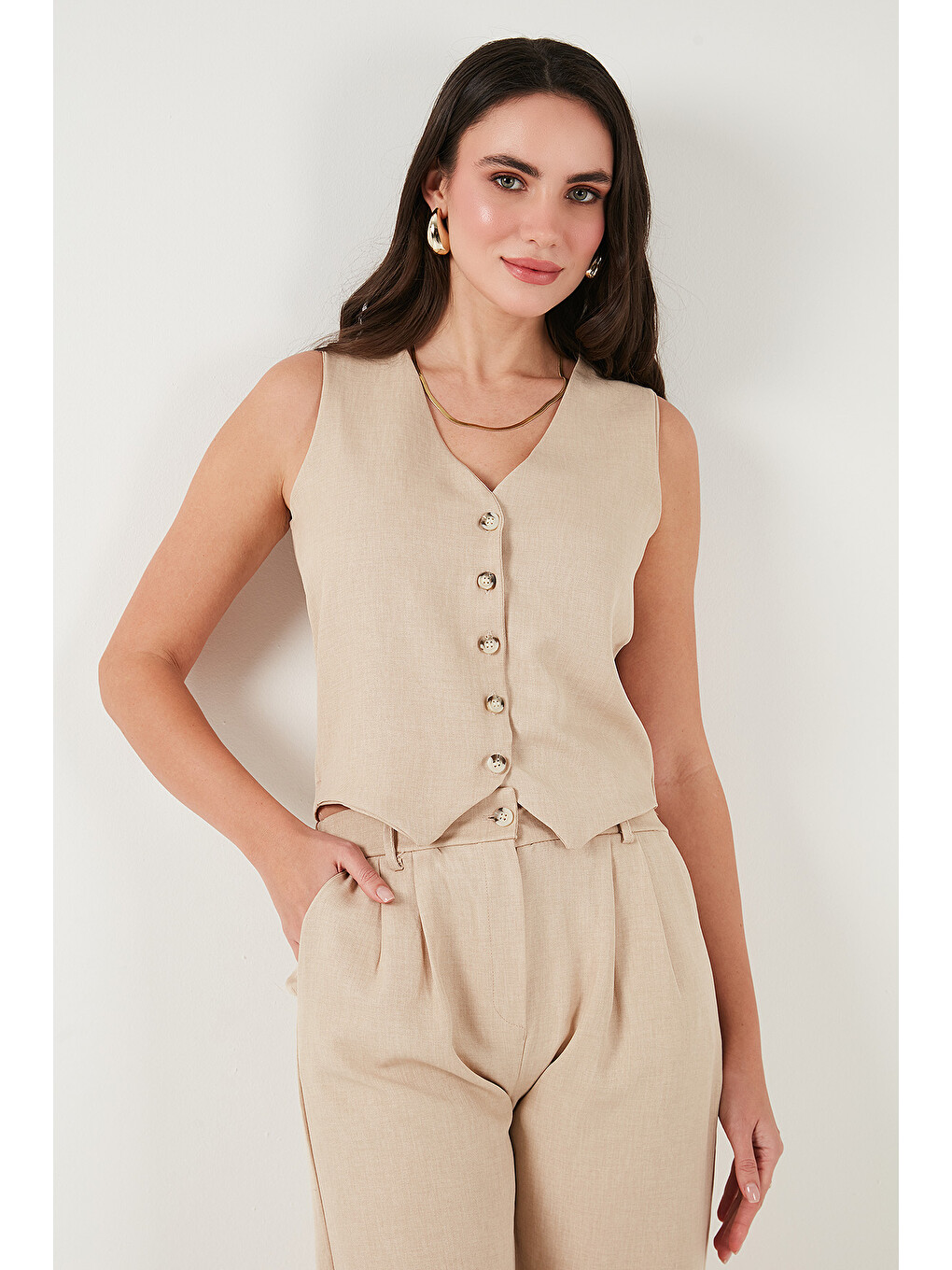 Bej Regular Fit Bol Paça Yelekli Takım 67045162s4-4