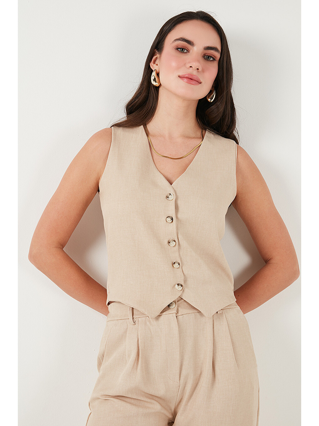 Bej Regular Fit Bol Paça Yelekli Takım 67045162s4-5