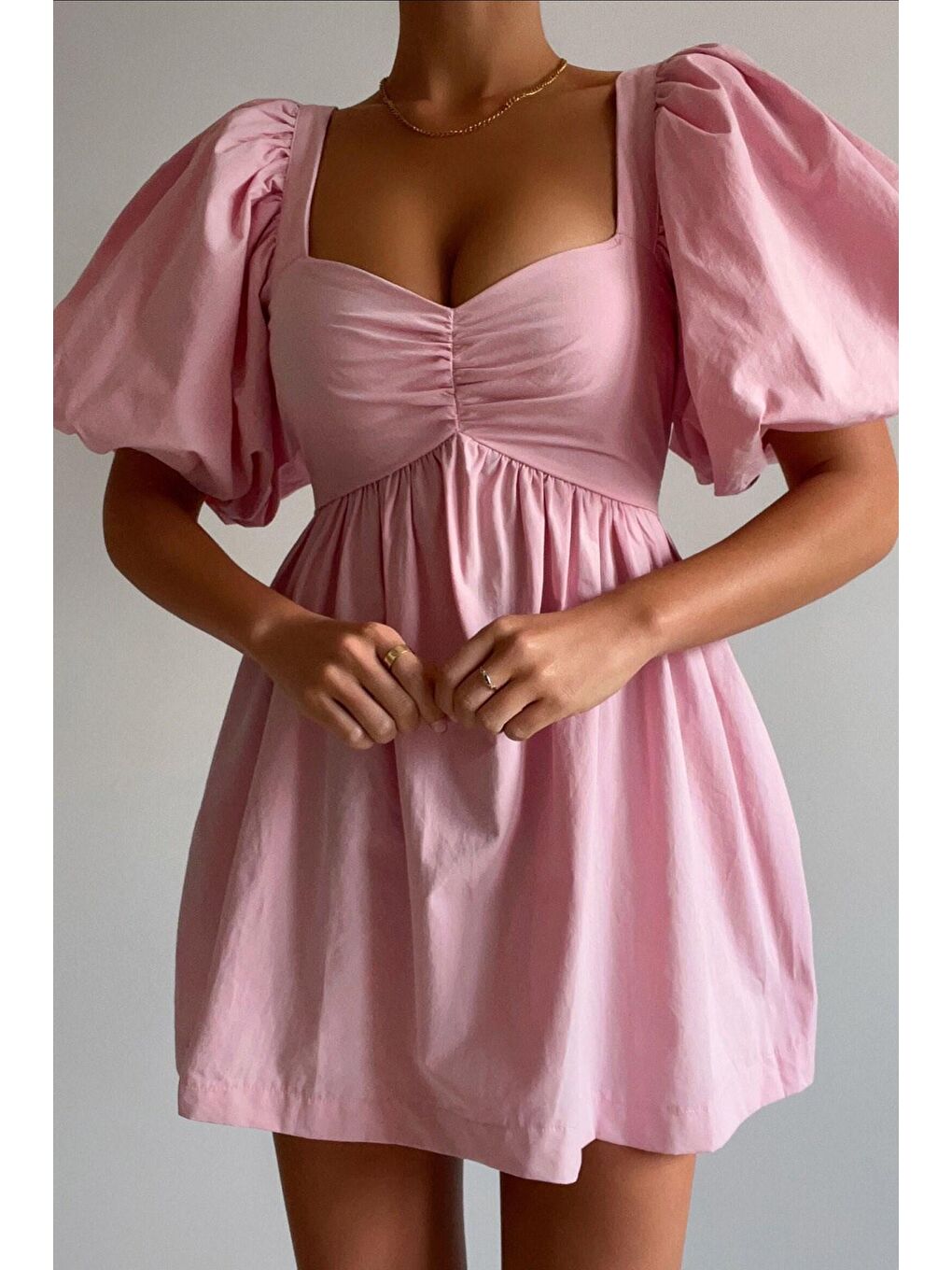 Pembe Kalp Yaka Balon Kol Kadın Elbise Mg1620