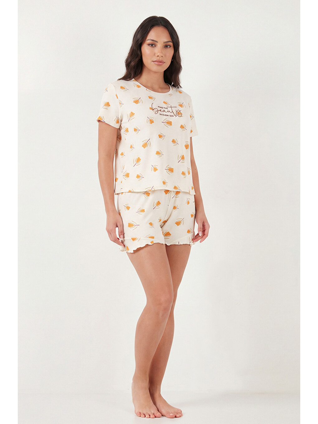 Sarı Desenli Bambu Karışımlı Regular Fit Şortlu Pijama Takımı 6097715-1