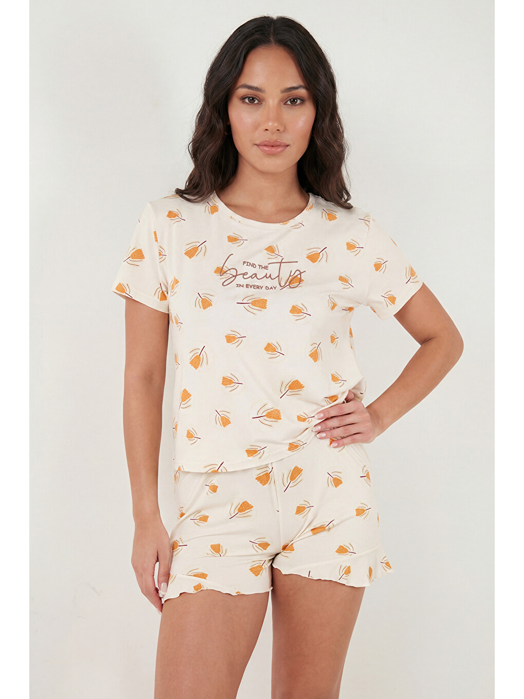 Sarı Desenli Bambu Karışımlı Regular Fit Şortlu Pijama Takımı 6097715-2
