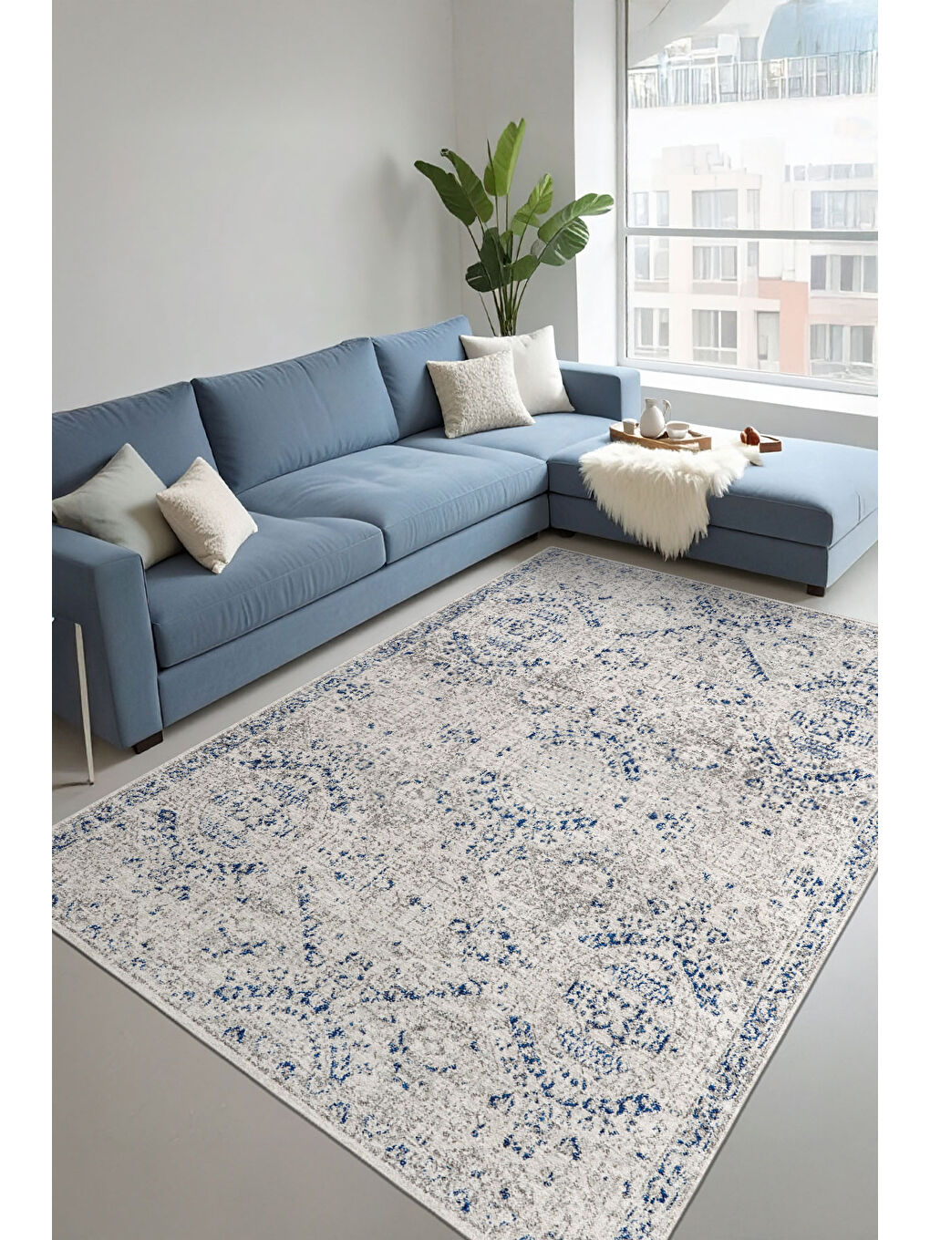 Mavi Dekoratif Özel Tasarım Yıkanabilir İnce Kaymaz Tabanlı Modern Halı KECE FR09-1