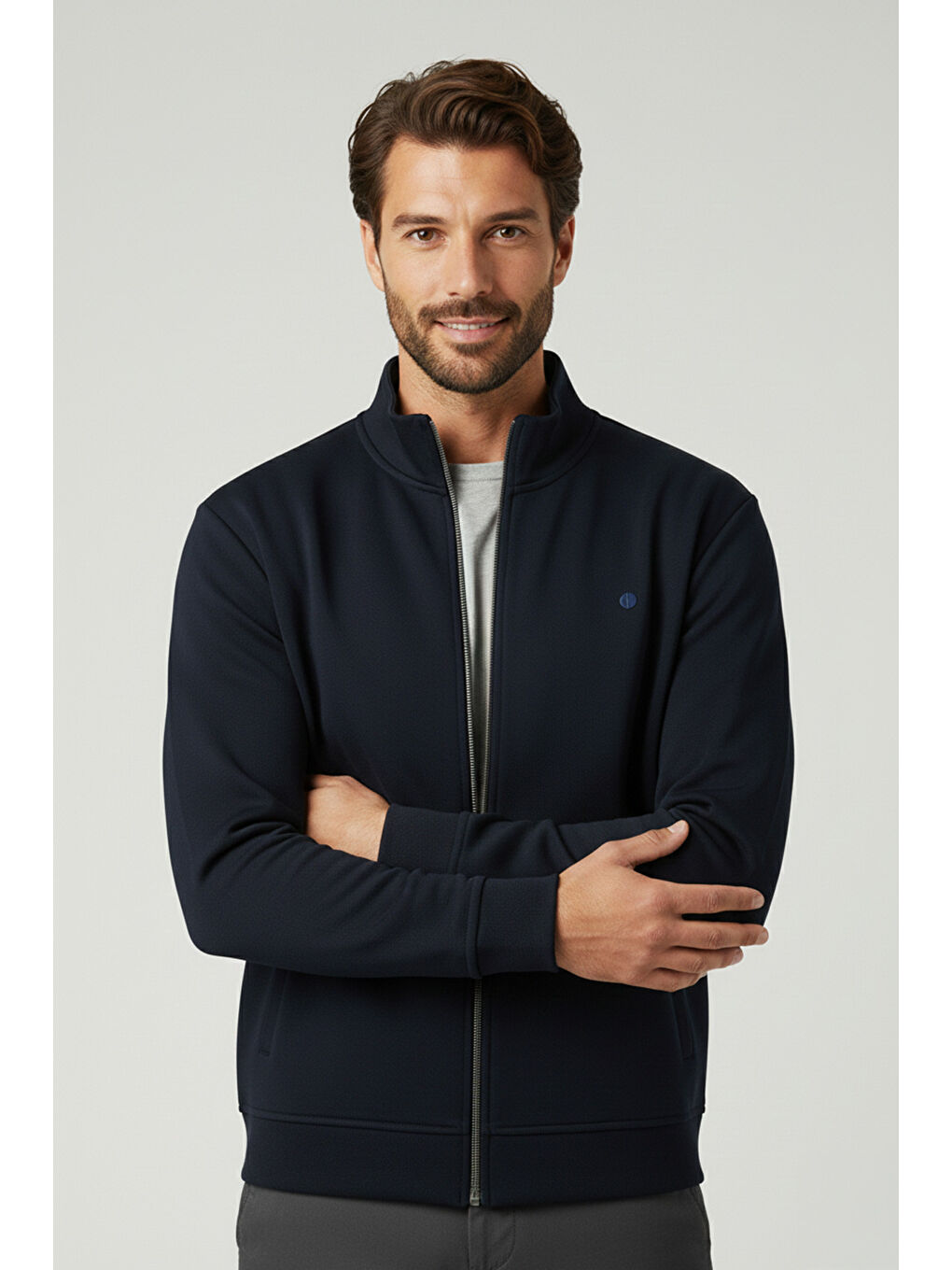 Lacivert Pamuk Karışımlı Regular Fit Dik Yaka Hırka 5901223-3