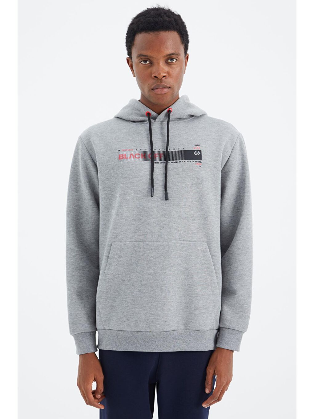 TOMMYLIFE Gri Melanj Kapüşonlu Bağcıklı Baskı Detaylı Rahat Kalıp Erkek Sweatshirt - 88287