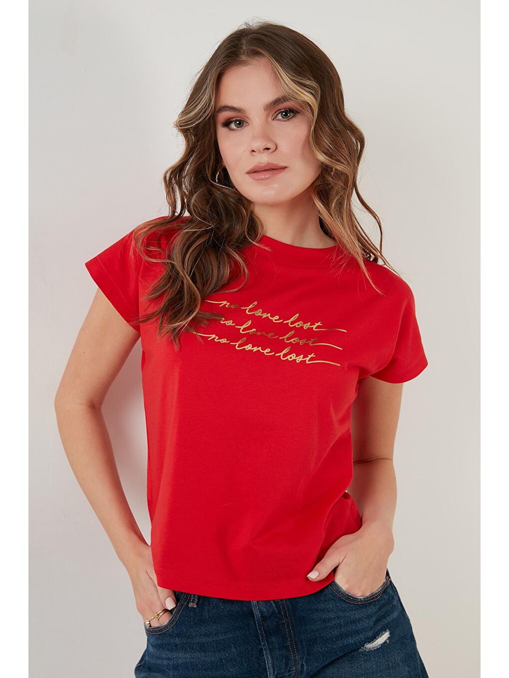 Lela Kırmızı Baskılı Bisiklet Yaka % 100 Pamuk T Shirt 5864217 - 1