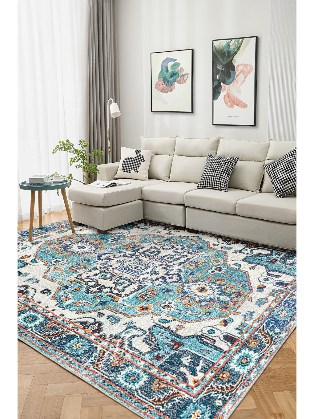 Mavi Dekoratif Özel Tasarım Yıkanabilir İnce Kaymaz Tabanlı Modern Halı KECE FR08-2