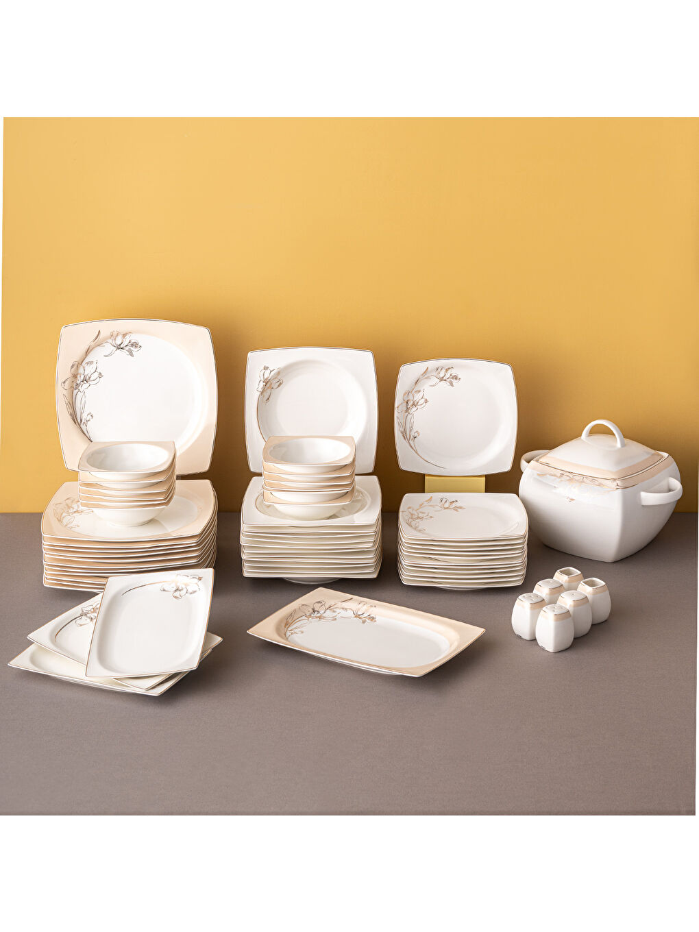 Beyaz Zambak 60 Parça 12 Kişilik Kare Yemek Takımı Fine Bone-4