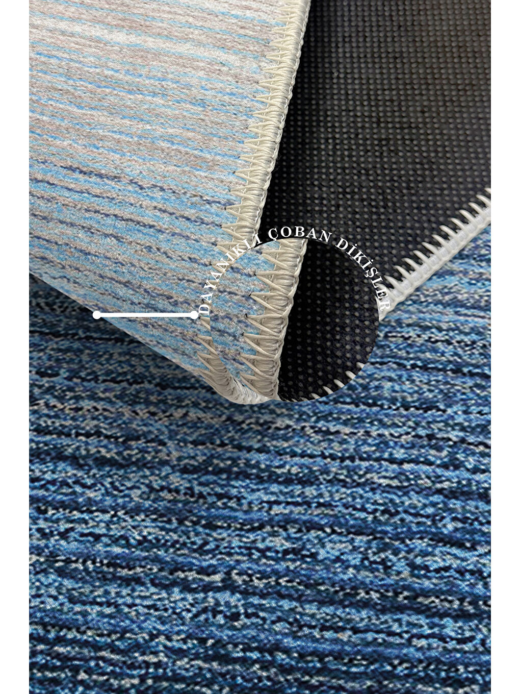 Mavi Dekoratif Özel Tasarım Yıkanabilir İnce Kaymaz Tabanlı Modern Halı KECE FR08-3