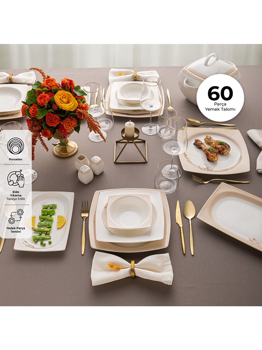 Beyaz Zambak 60 Parça 12 Kişilik Kare Yemek Takımı Fine Bone-5