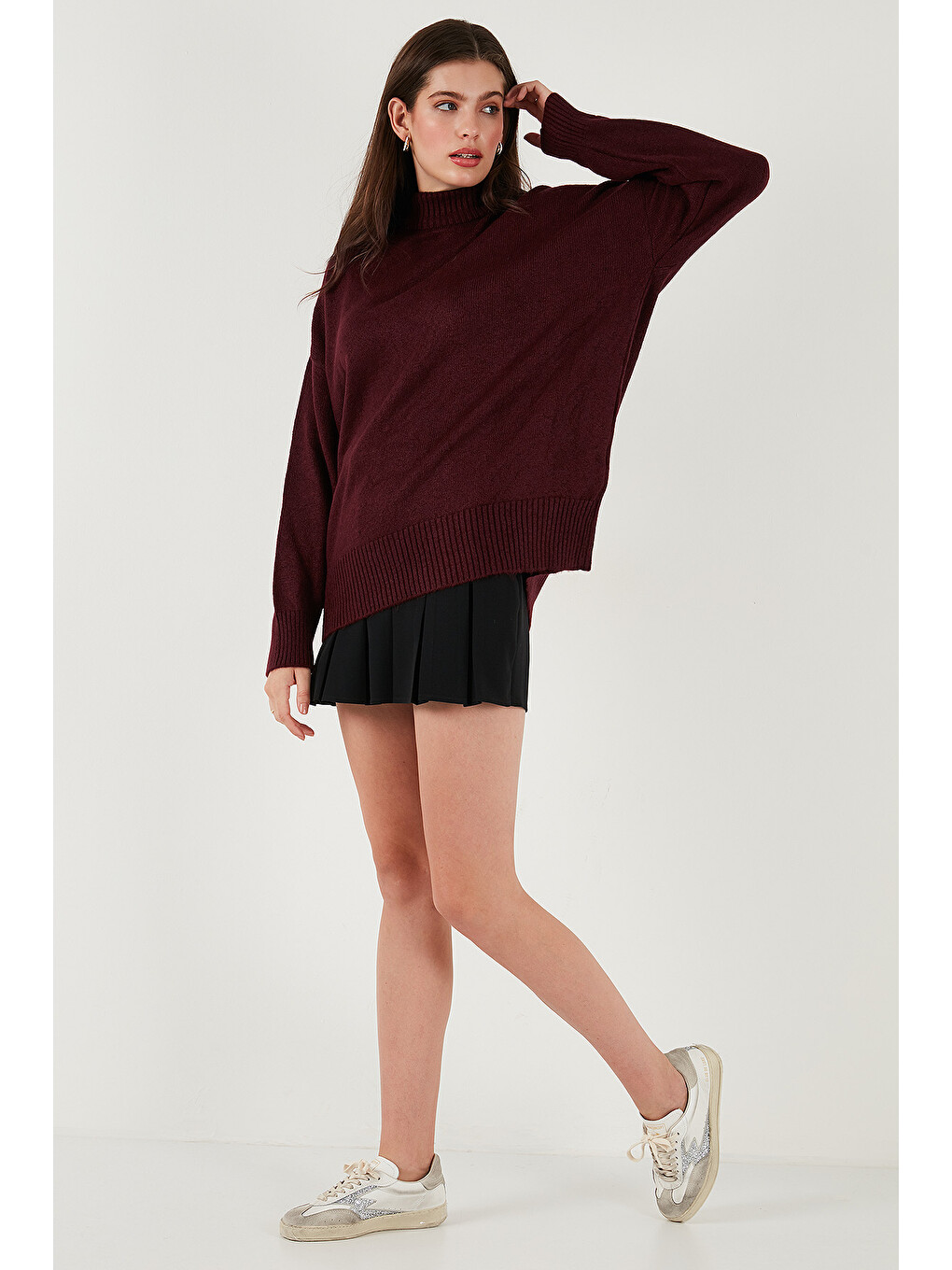Bordo Premium Oversize Fit Balıkçı Yaka Yumuşak Dokulu Triko Kazak 680kz00469-2