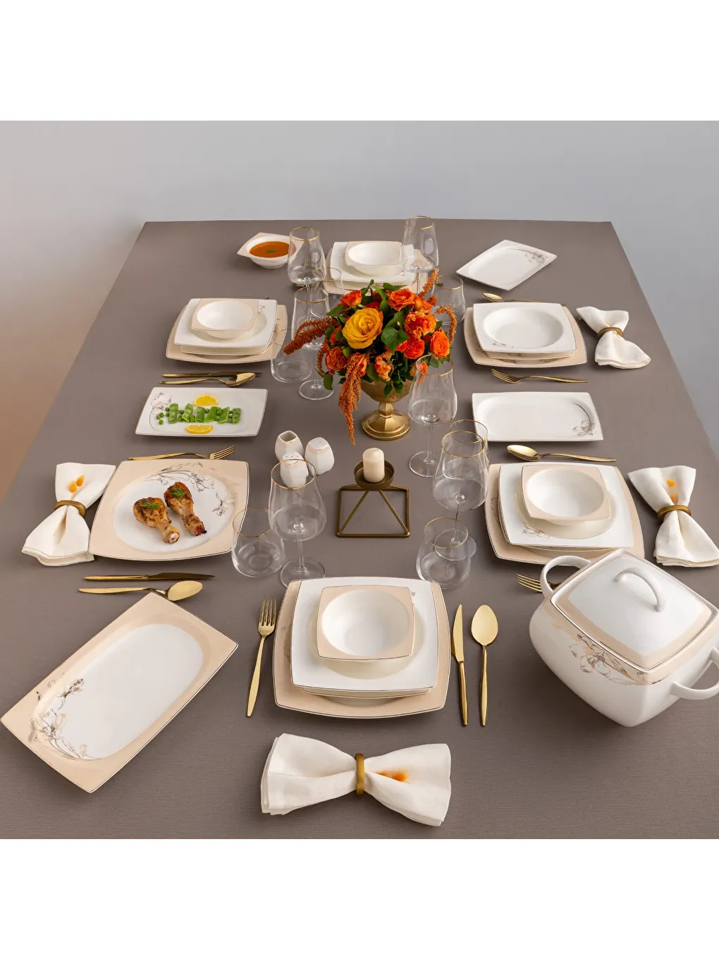 Beyaz Zambak 60 Parça 12 Kişilik Kare Yemek Takımı Fine Bone-6