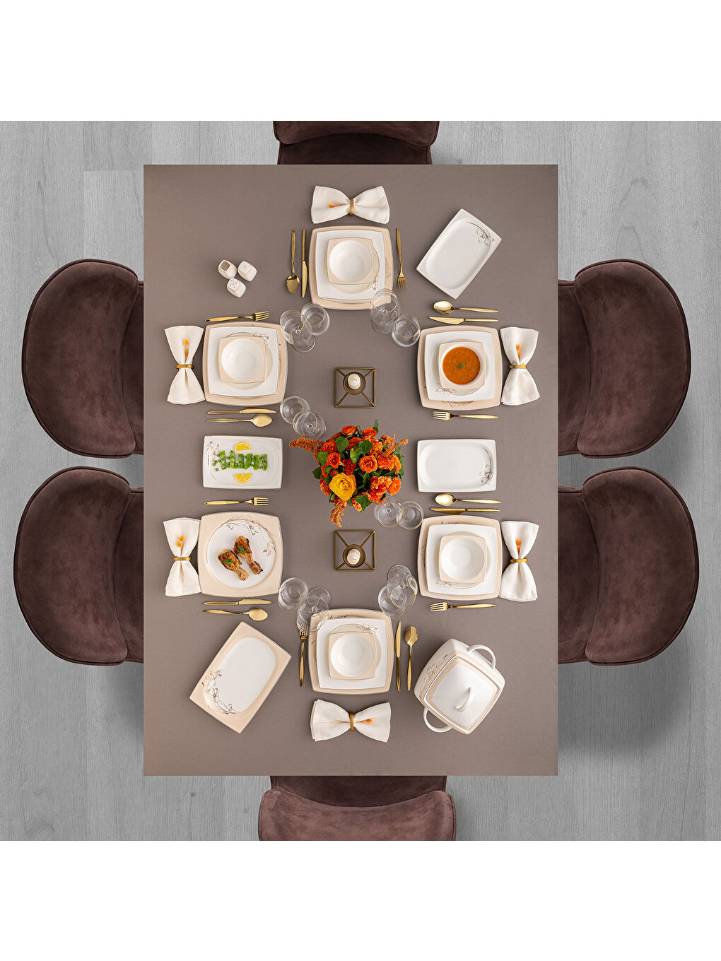 Beyaz Zambak 60 Parça 12 Kişilik Kare Yemek Takımı Fine Bone-7