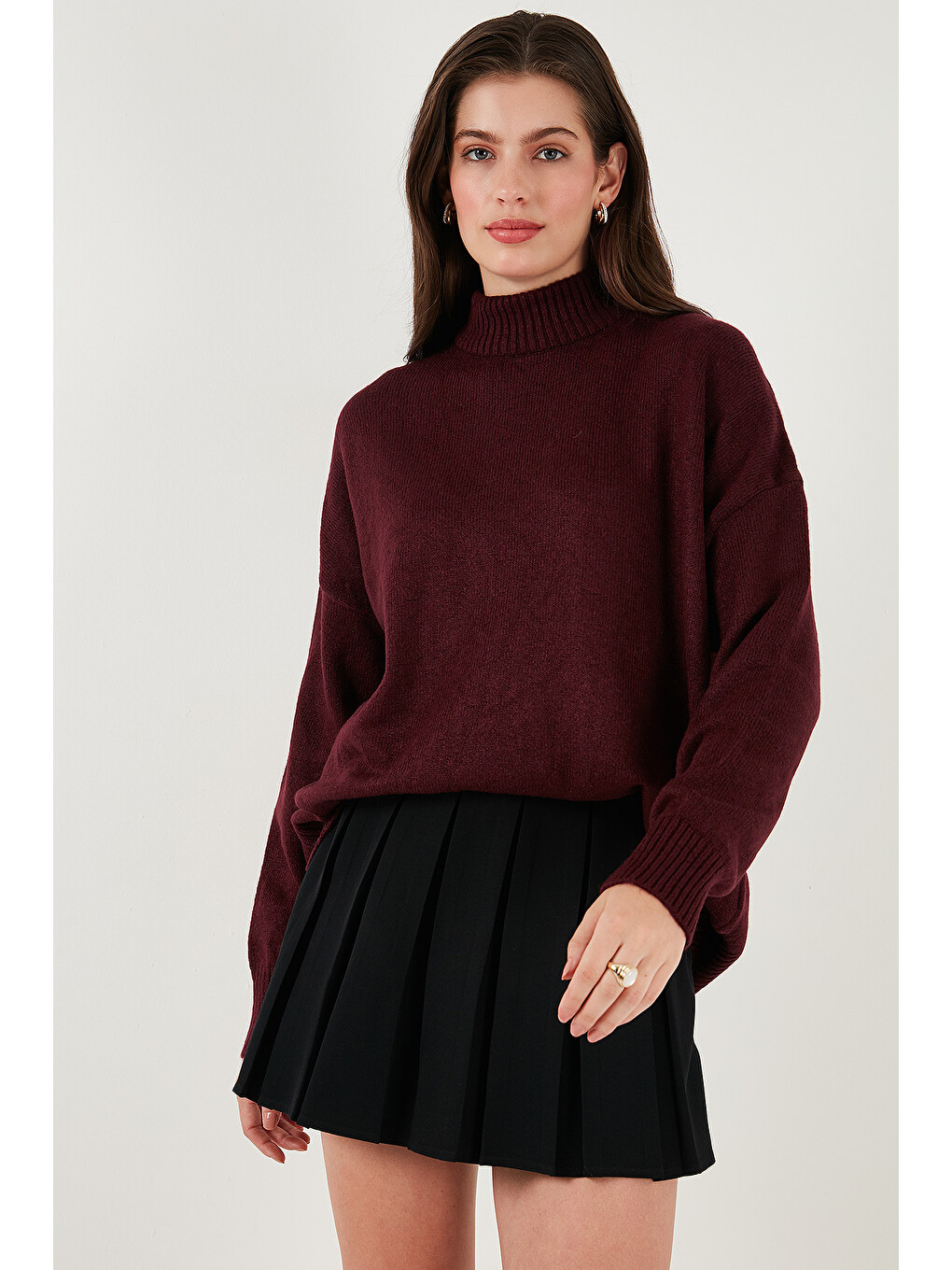 Bordo Premium Oversize Fit Balıkçı Yaka Yumuşak Dokulu Triko Kazak 680kz00469-4