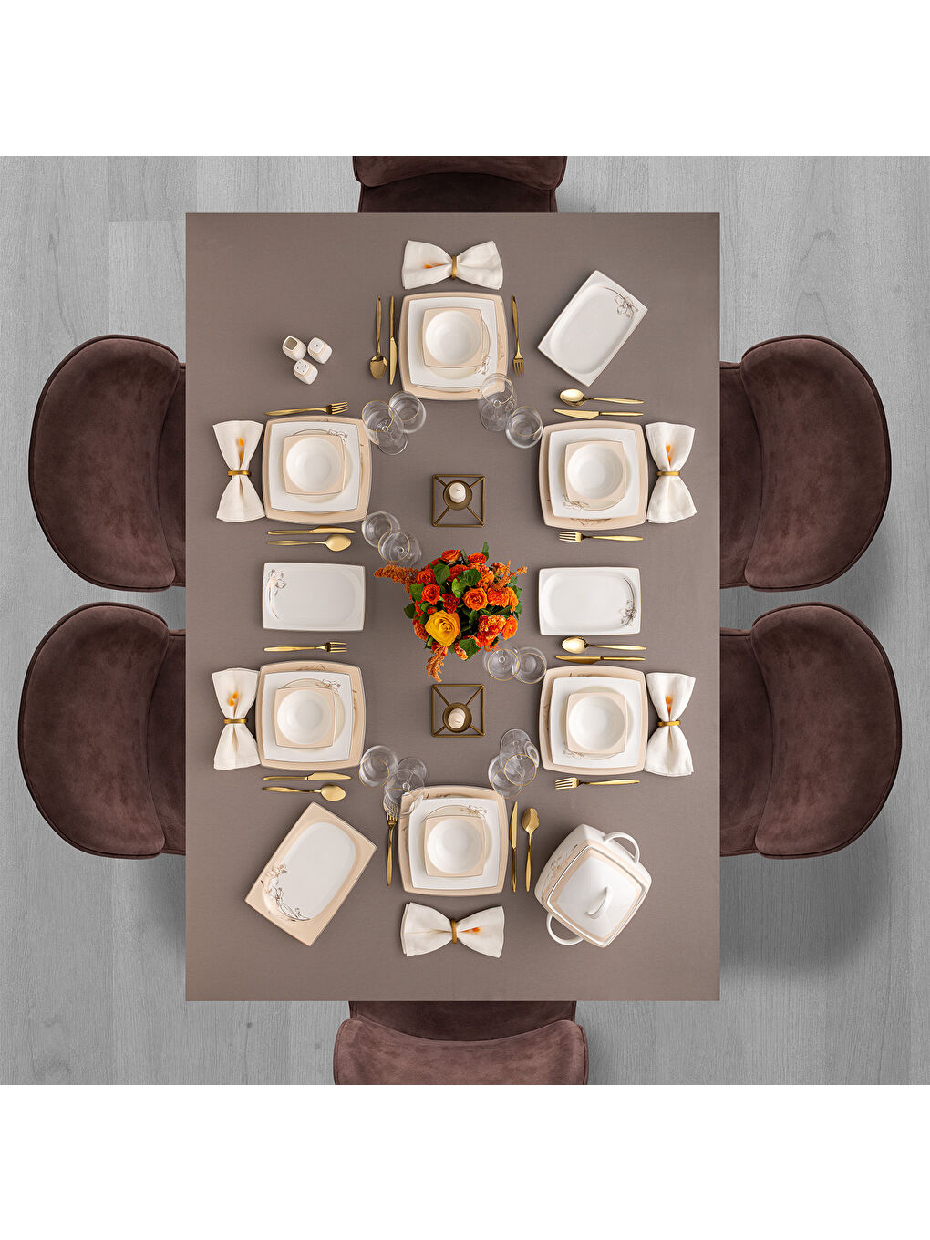 Beyaz Zambak 60 Parça 12 Kişilik Kare Yemek Takımı Fine Bone-8