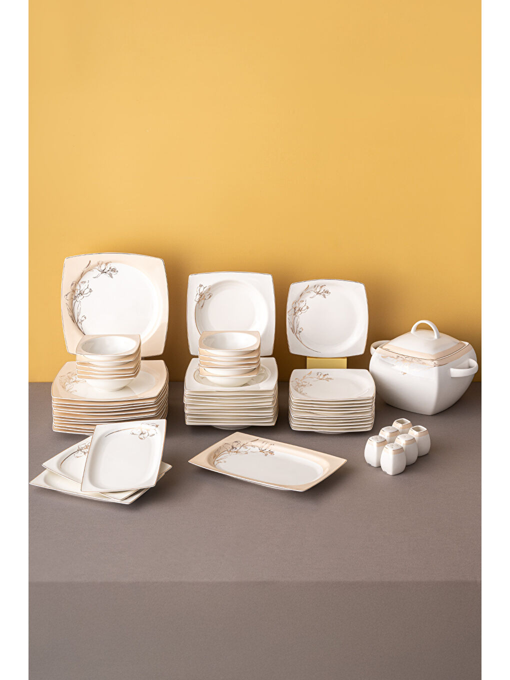 Beyaz Zambak 60 Parça 12 Kişilik Kare Yemek Takımı Fine Bone-1