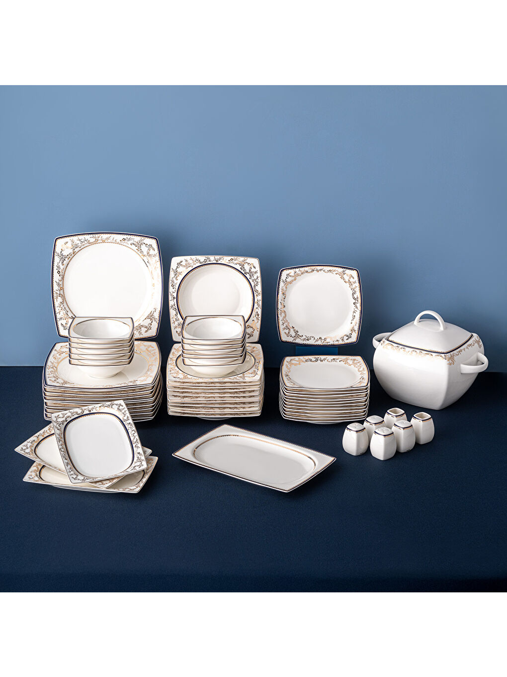 Beyaz Bade Cobalt 60 Parça 12 Kişilik Kare Yemek Takımı Fine Bone-4