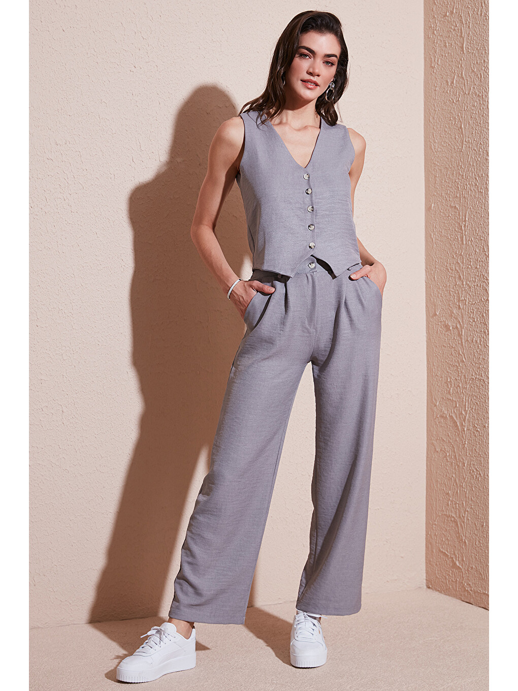 Gri Regular Fit Bol Paça Yelekli Takım 67045162s4-2