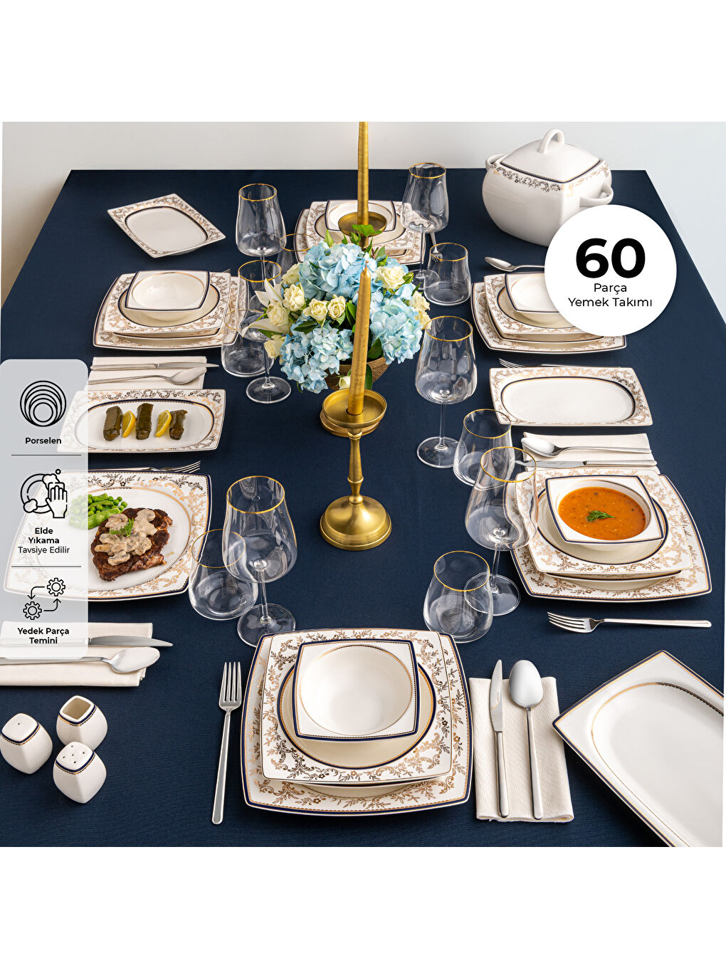 Beyaz Bade Cobalt 60 Parça 12 Kişilik Kare Yemek Takımı Fine Bone-5