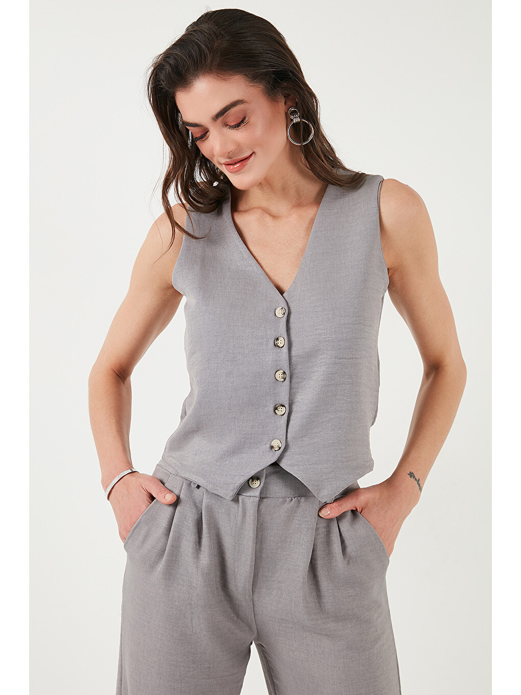 Gri Regular Fit Bol Paça Yelekli Takım 67045162s4-4