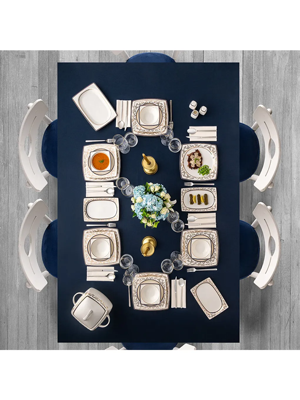 Beyaz Bade Cobalt 60 Parça 12 Kişilik Kare Yemek Takımı Fine Bone-6