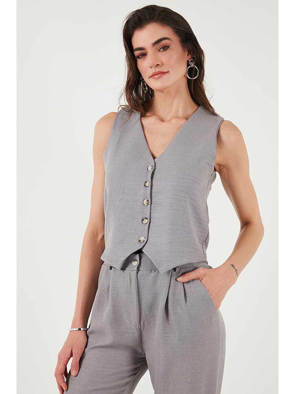 Gri Regular Fit Bol Paça Yelekli Takım 67045162s4-5