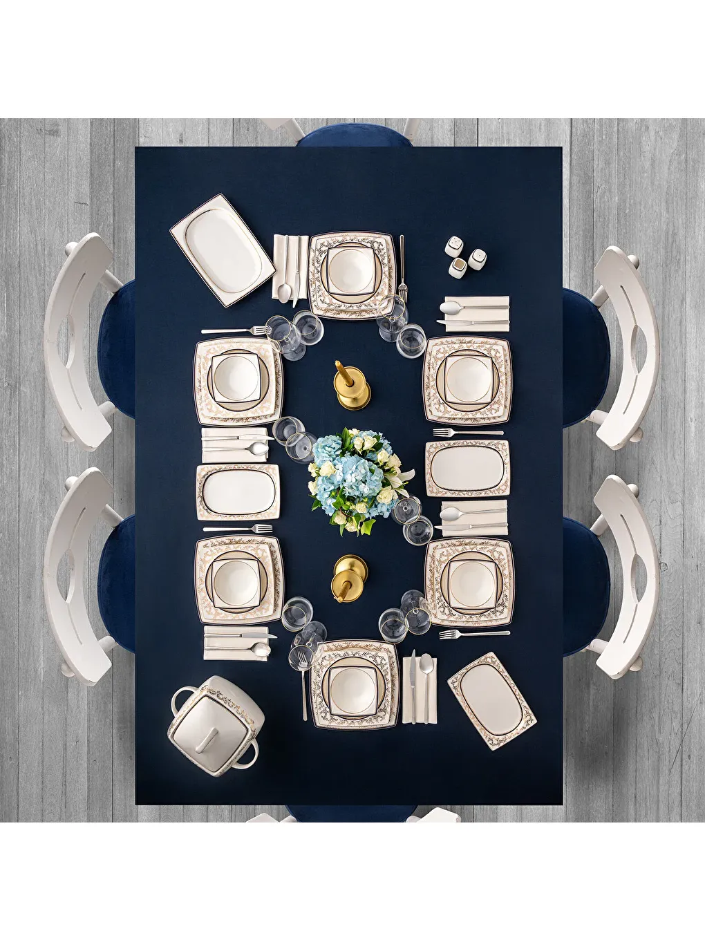 Beyaz Bade Cobalt 60 Parça 12 Kişilik Kare Yemek Takımı Fine Bone-7