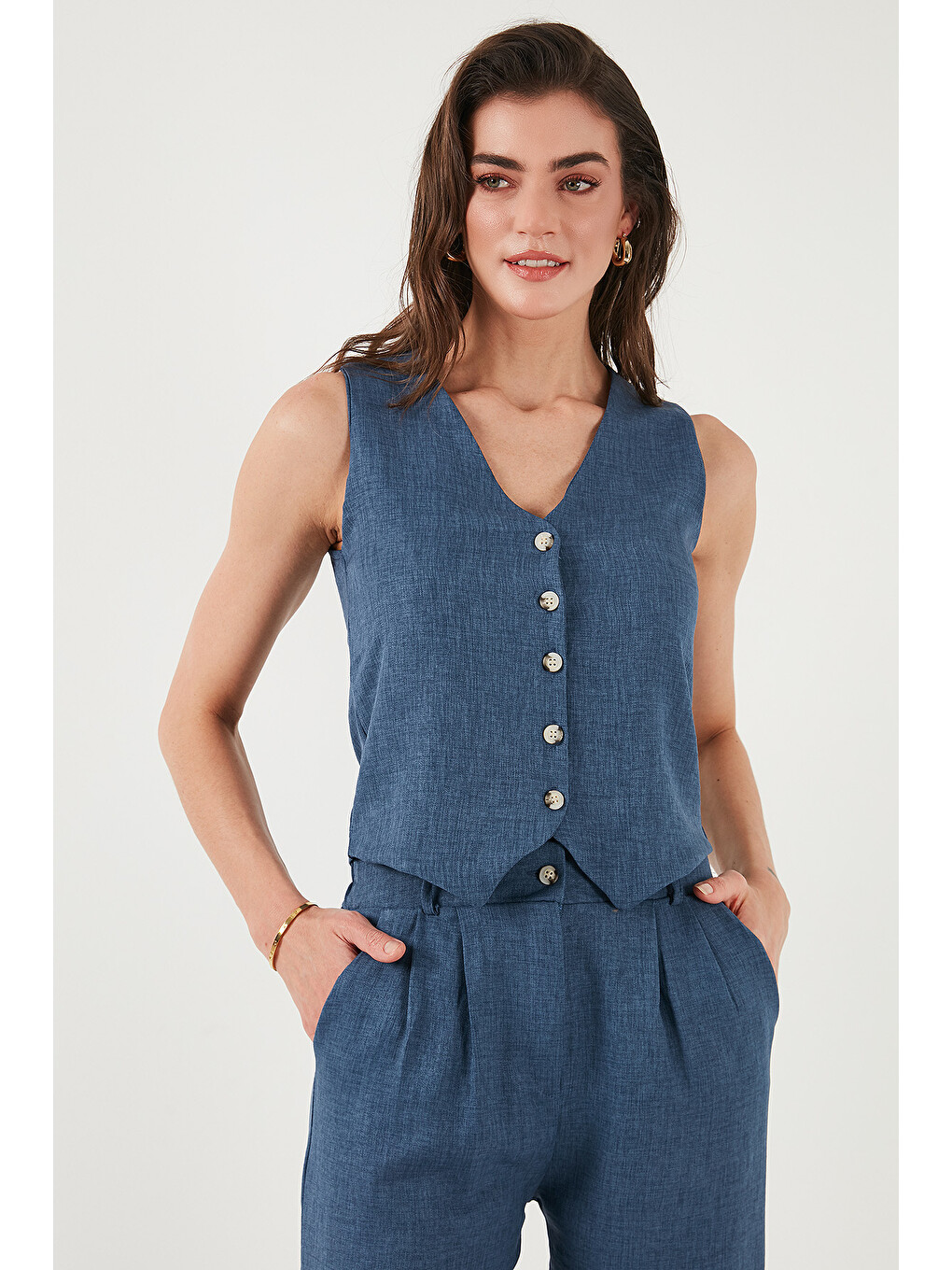 İndigo Regular Fit Bol Paça Yelekli Kadın Takım 67045162s4-5