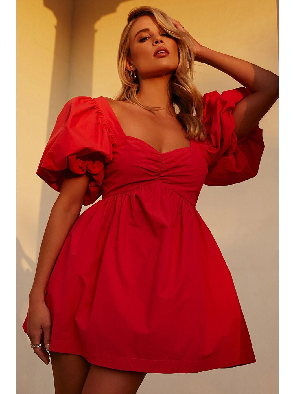 Kırmızı Kalp Yaka Balon Kol Kadın Elbise Mg1620