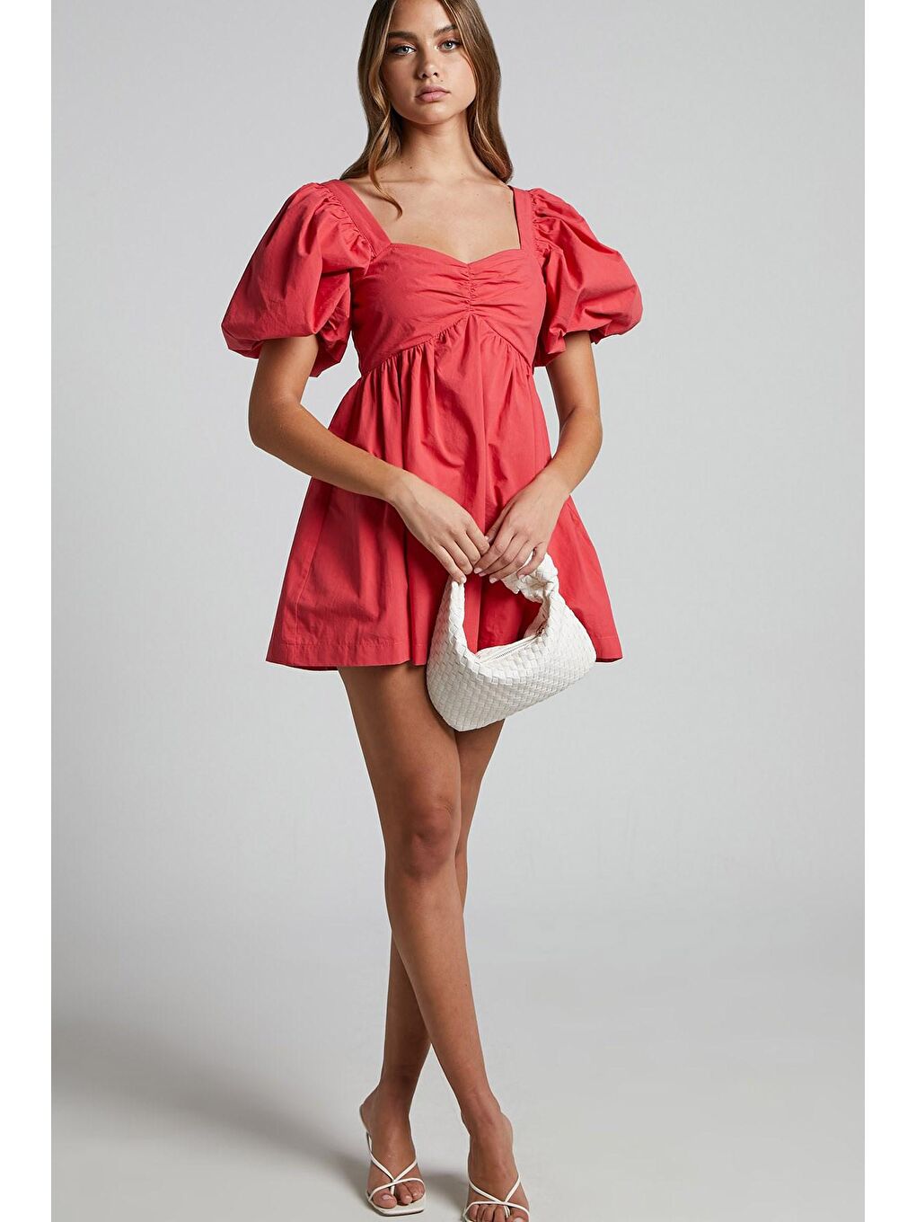 Kırmızı Kalp Yaka Balon Kol Kadın Elbise Mg1620-1