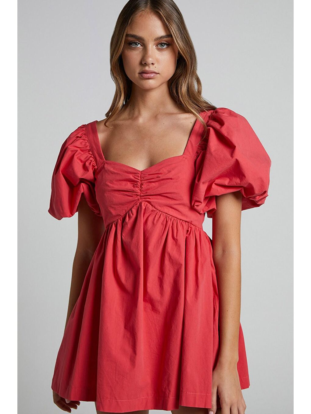 Kırmızı Kalp Yaka Balon Kol Kadın Elbise Mg1620-2