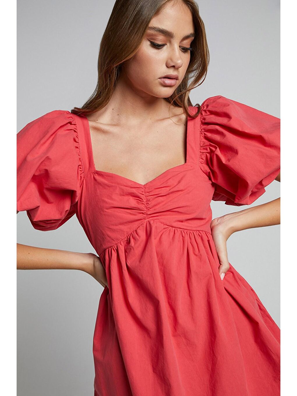 Kırmızı Kalp Yaka Balon Kol Kadın Elbise Mg1620-3