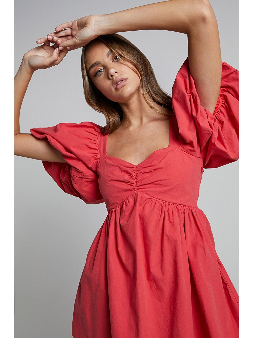 Kırmızı Kalp Yaka Balon Kol Kadın Elbise Mg1620-4