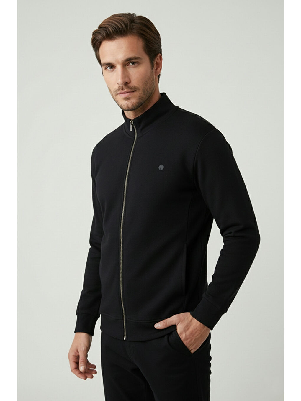 Siyah Pamuk Karışımlı Regular Fit Dik Yaka Hırka 5901223-3