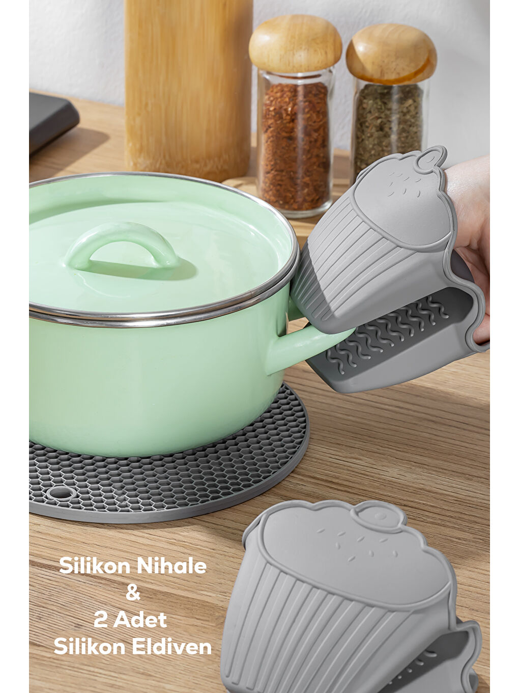 Gri 3262 Yuvarlak Nihale - 2'li 3260 Fırın Eldiveni - Isı Yalıtımlı Kaymaz Yapışmaz Silikon - GRİ