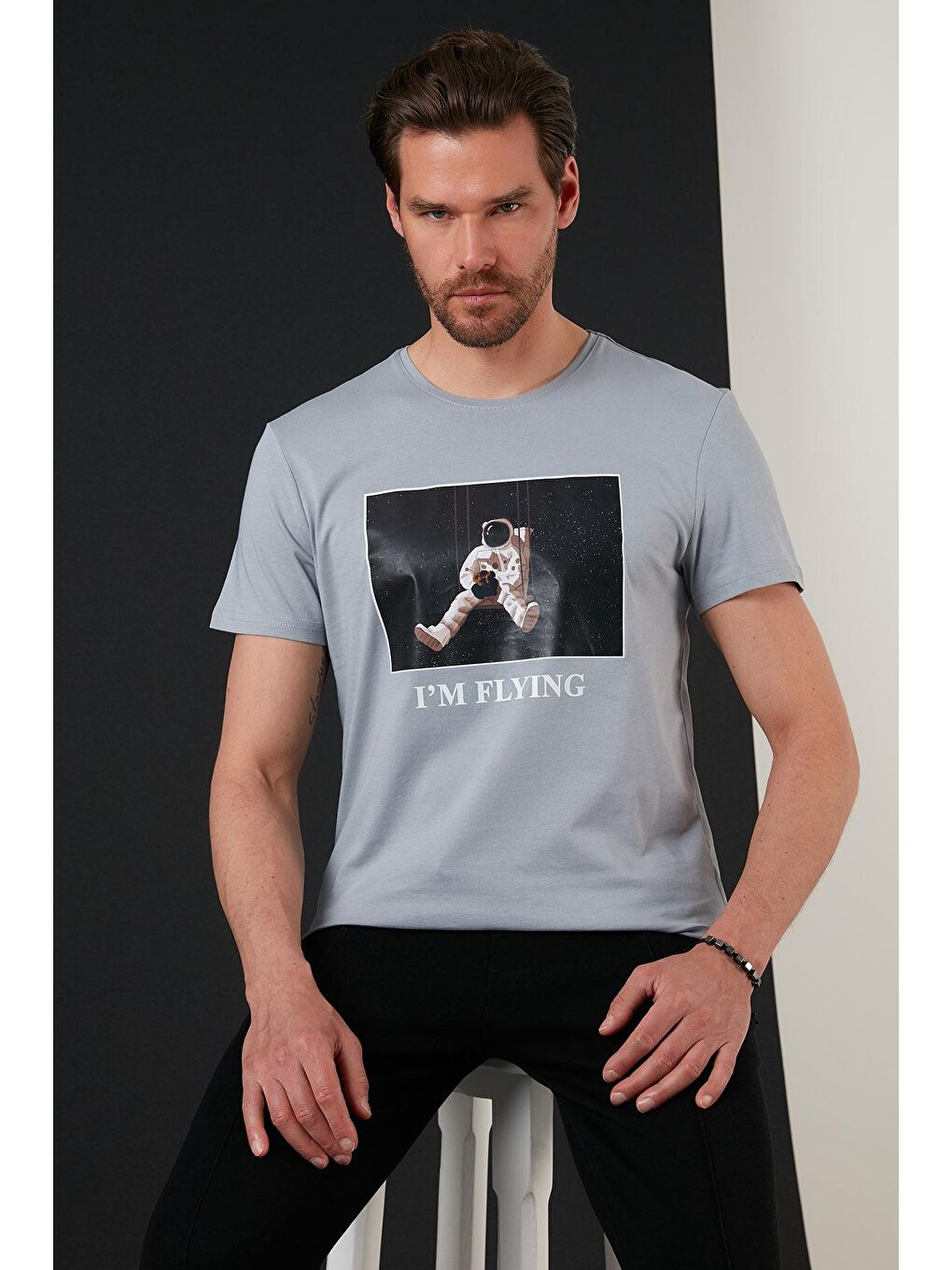 Gri Baskılı Slim Fit Bisiklet Yaka % 100 Pamuk Tişört 5902416