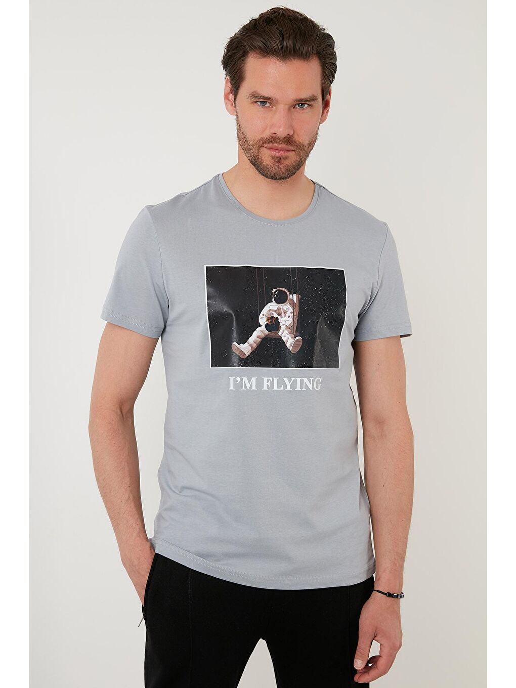 Gri Baskılı Slim Fit Bisiklet Yaka % 100 Pamuk Tişört 5902416-1