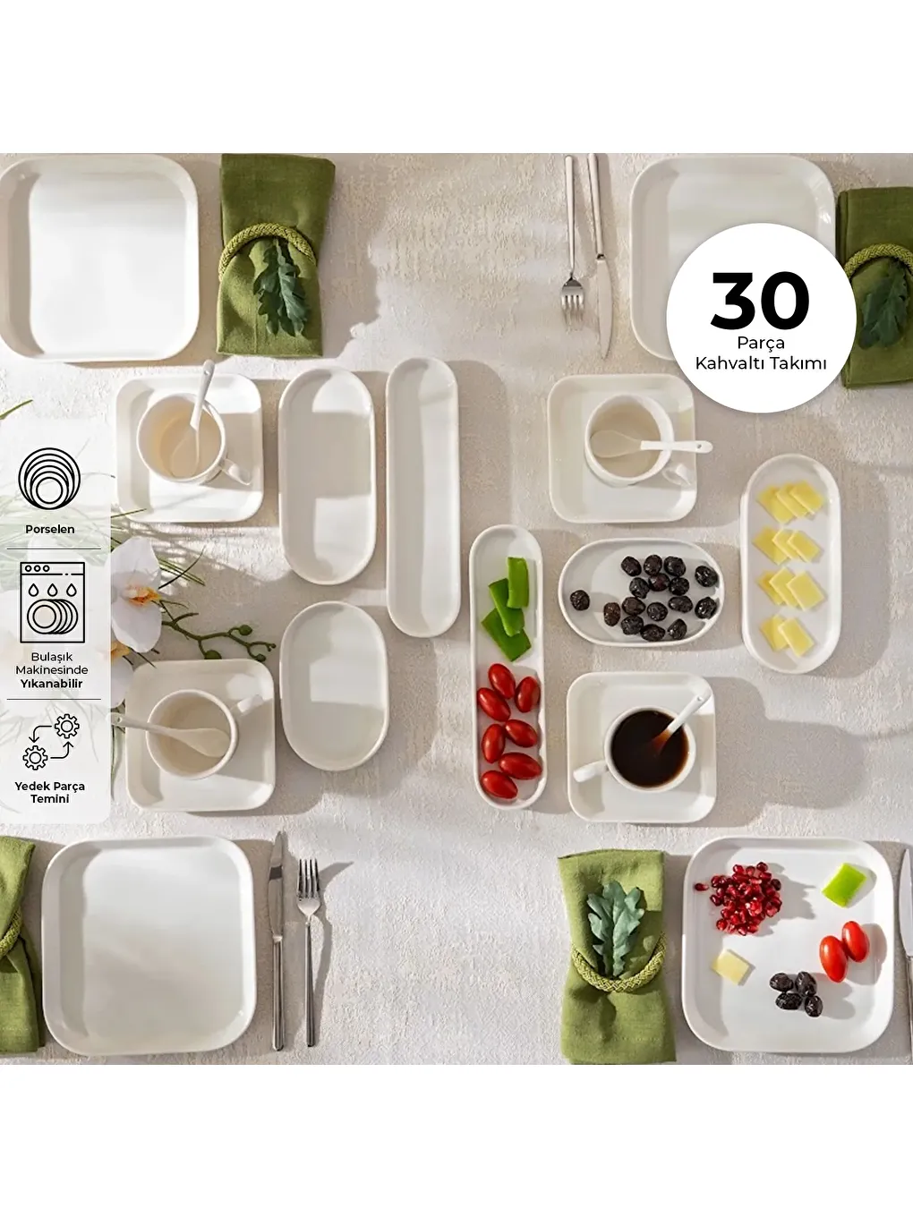 Yeni Mısra Porselen 30 Parça 6 Kişilik Kahvaltı/Servis Takımı Beyaz-9