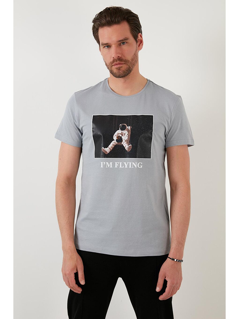 Gri Baskılı Slim Fit Bisiklet Yaka % 100 Pamuk Tişört 5902416-2