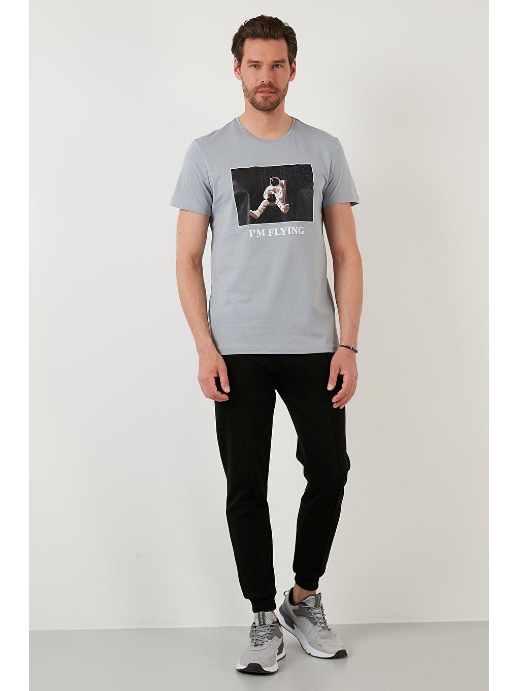 Gri Baskılı Slim Fit Bisiklet Yaka % 100 Pamuk Tişört 5902416-3