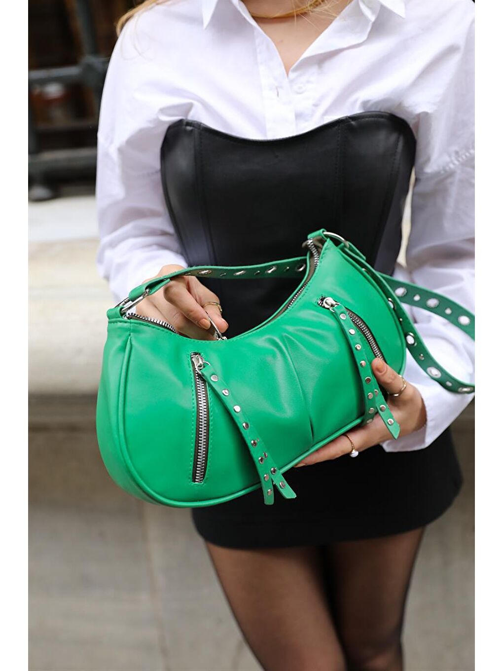 Fermuar Detaylı Baguette Çanta Yeşil-1
